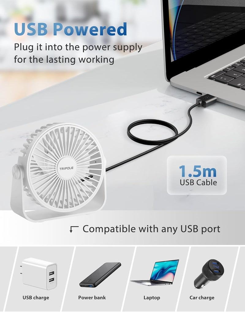 TriPole USB Desk Fan Portable Mini Fan Powerful 3 Speeds Wind Personal Desktop Fan with 360° Head Rotation for Home Office Car Indoor Outdoor White, No Battery, 4.5 Inches - Image 3
